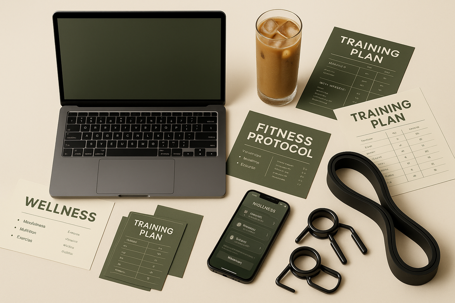 Luxury, clean, gender-neutral digital wellness flat lay -- includes open laptop, iced coffee, fitness protocol printouts, a phone with a QR code, modern workout gear (resistance bands, barbell clips), neutral background with cream, olive green, and black tones -- feels organized, aesthetic, bold, and high-performance -- for a powerful digital reset brand